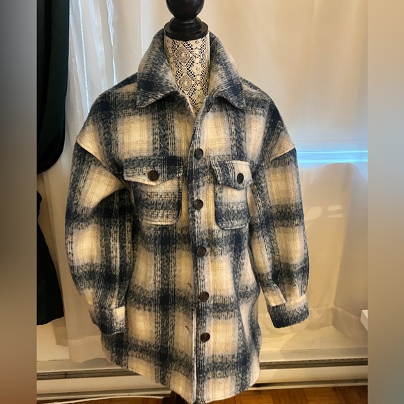 Avec Les Filles Plaid Shacket Relaxed Blue White Shirt Jacket size XS - Picture 10 of 10
